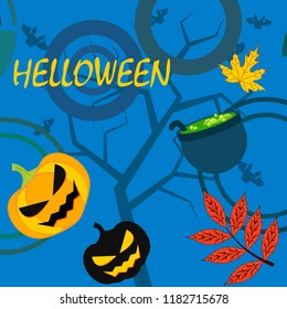Halloween autumn pumpkin fallen leaf witch cauldron vector