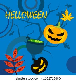 Halloween autumn pumpkin fallen leaf witch cauldron vector