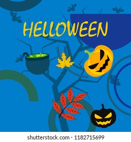 Halloween autumn pumpkin fallen leaf witch cauldron vector