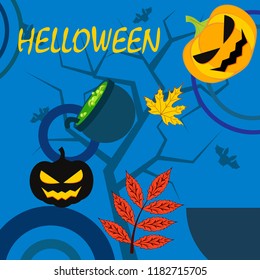 Halloween autumn pumpkin fallen leaf witch cauldron vector