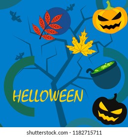 Halloween autumn pumpkin fallen leaf witch cauldron vector