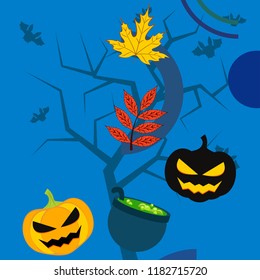 Halloween autumn pumpkin fallen leaf witch cauldron vector