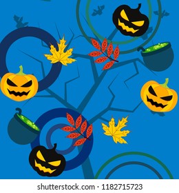 Halloween autumn pumpkin fallen leaf witch cauldron vector