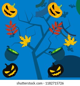 Halloween autumn pumpkin fallen leaf witch cauldron vector