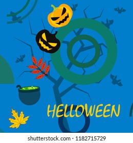 Halloween autumn pumpkin fallen leaf witch cauldron vector