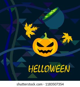Halloween autumn pumpkin fallen leaf witch cauldron vector