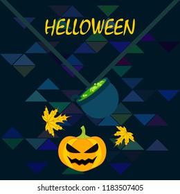 Halloween autumn pumpkin fallen leaf witch cauldron vector