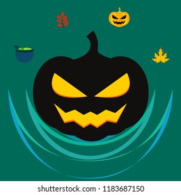 Halloween autumn pumpkin fallen leaf witch cauldron vector