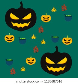 Halloween autumn pumpkin fallen leaf witch cauldron vector