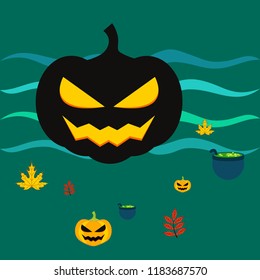 Halloween autumn pumpkin fallen leaf witch cauldron vector
