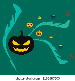 Halloween autumn pumpkin fallen leaf witch cauldron vector