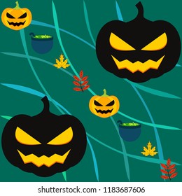 Halloween autumn pumpkin fallen leaf witch cauldron vector
