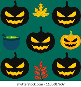 Halloween autumn pumpkin fallen leaf witch cauldron vector