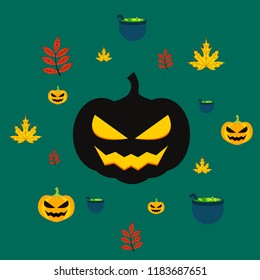 Halloween autumn pumpkin fallen leaf witch cauldron vector