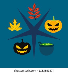 Halloween autumn pumpkin fallen leaf witch cauldron vector