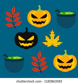 Halloween autumn pumpkin fallen leaf witch cauldron vector