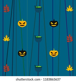 Halloween autumn pumpkin fallen leaf witch cauldron vector