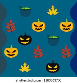 Halloween autumn pumpkin fallen leaf witch cauldron vector