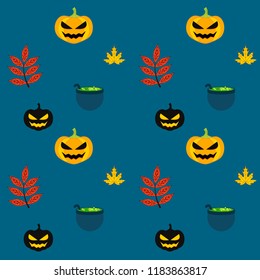 Halloween autumn pumpkin fallen leaf witch cauldron vector