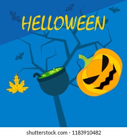 Halloween autumn pumpkin fallen leaf witch cauldron vector