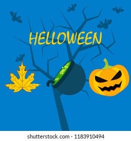 Halloween autumn pumpkin fallen leaf witch cauldron vector