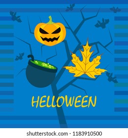 Halloween autumn pumpkin fallen leaf witch cauldron vector