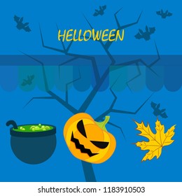 Halloween autumn pumpkin fallen leaf witch cauldron vector