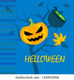 Halloween autumn pumpkin fallen leaf witch cauldron vector