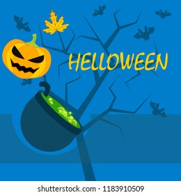 Halloween autumn pumpkin fallen leaf witch cauldron vector