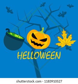 Halloween autumn pumpkin fallen leaf witch cauldron vector