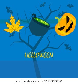 Halloween autumn pumpkin fallen leaf witch cauldron vector