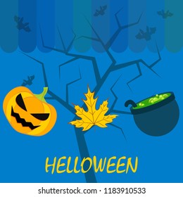 Halloween autumn pumpkin fallen leaf witch cauldron vector