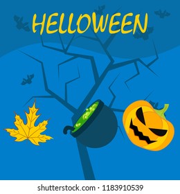 Halloween autumn pumpkin fallen leaf witch cauldron vector