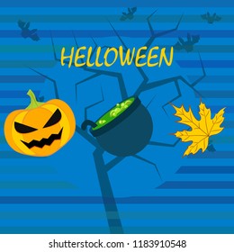 Halloween autumn pumpkin fallen leaf witch cauldron vector