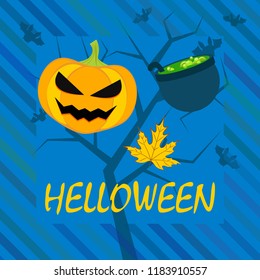 Halloween autumn pumpkin fallen leaf witch cauldron vector