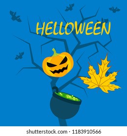 Halloween autumn pumpkin fallen leaf witch cauldron vector