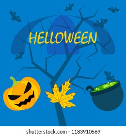 Halloween autumn pumpkin fallen leaf witch cauldron vector