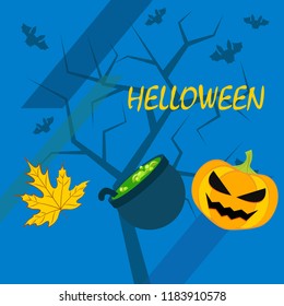 Halloween autumn pumpkin fallen leaf witch cauldron vector