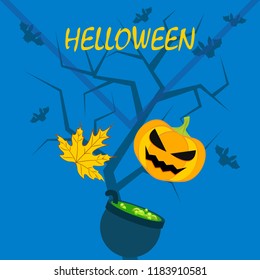 Halloween autumn pumpkin fallen leaf witch cauldron vector
