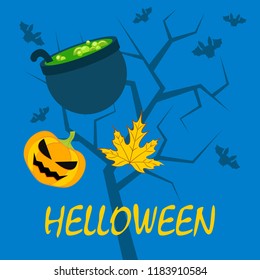 Halloween autumn pumpkin fallen leaf witch cauldron vector