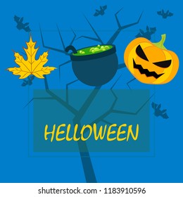 Halloween autumn pumpkin fallen leaf witch cauldron vector