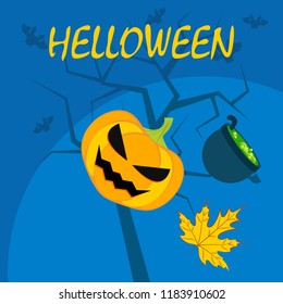 Halloween autumn pumpkin fallen leaf witch cauldron vector