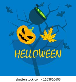 Halloween autumn pumpkin fallen leaf witch cauldron vector