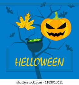 Halloween autumn pumpkin fallen leaf witch cauldron vector