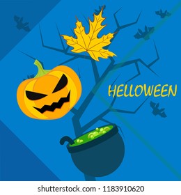 Halloween autumn pumpkin fallen leaf witch cauldron vector