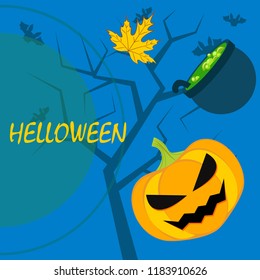 Halloween autumn pumpkin fallen leaf witch cauldron vector