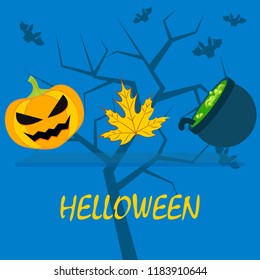 Halloween autumn pumpkin fallen leaf witch cauldron vector