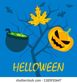 Halloween autumn pumpkin fallen leaf witch cauldron vector