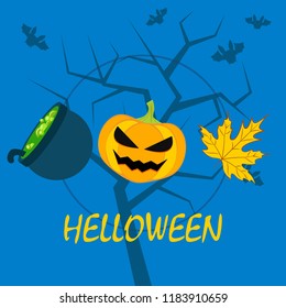 Halloween autumn pumpkin fallen leaf witch cauldron vector