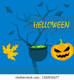 Halloween autumn pumpkin fallen leaf witch cauldron vector